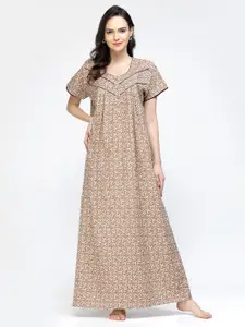Sweet Dreams Brown & White Floral Printed Pure Cotton Maxi Nightdress