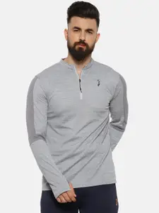 Campus Sutra Grey Henley Neck Relaxed Fit Sports T-shirt