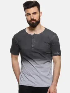 Campus Sutra Charcoal Relaxed Fit Ombre Henley Neck Cotton T-shirt