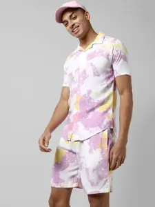 Campus Sutra White & Pink Tie & Dye Pure Cotton Shirt With Shorts