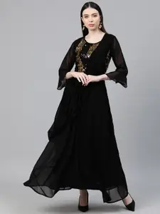 Cottinfab Embellished Bell Sleeves Layered Georgette A-Line Maxi Dress