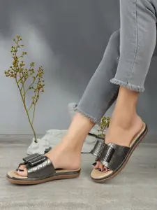 ICONICS Textured Bow Detail Open Toe Flats