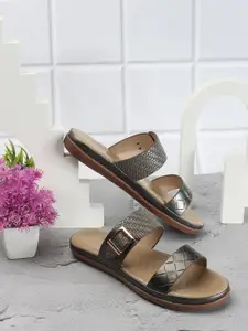 ICONICS Textured Open Toe Flats With Buckle Detail