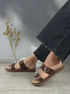 ICONICS Textured Buckled Open Toe Flats