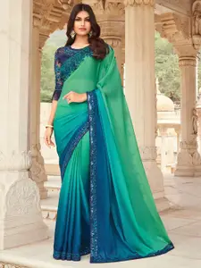 Mitera Blue & Green Ombre Embroidered Poly Chiffon Saree