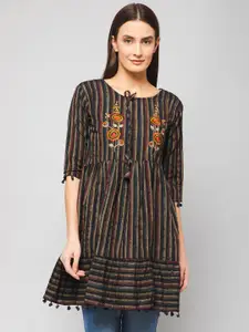 Winza Designer Striped Embroidered Gathered Longline A-Line Top