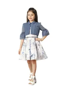 Tiny Baby Girls Graphic Printed Bell Sleeves Fit & Flare Dress with Jacket & Belt
