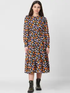 ONLY Floral Printed Cuffed Sleeves Tiered Midi A-Line Dress