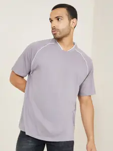 Styli Men Grey Pure Cotton Raglan Sleeves Oversized T-shirt