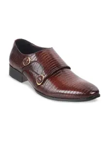 Metro Men Textured Leather Formal Monk Shoes With Buckle Detail