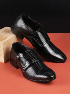Metro Men Textured Leather Formal Monk Shoes With Buckle Detail