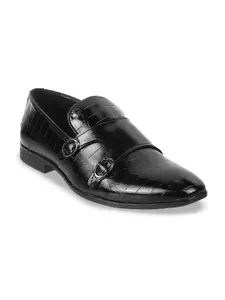 Mochi Men Textured Leather Formal Monk Shoes With Buckle Detail