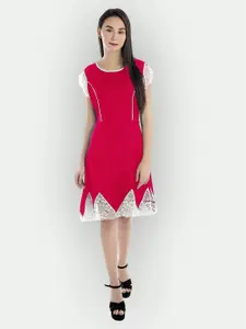 PATRORNA Lace Insert Detailed Cap Sleeve Round Neck Fit & Flare Dress