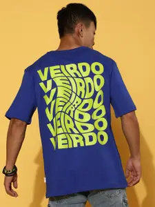 VEIRDO Blue & Yellow Typography Printed Cotton T-shirt
