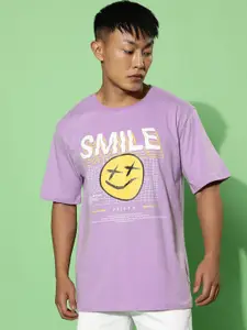 VEIRDO Purple Typography Printed Cotton T-shirt