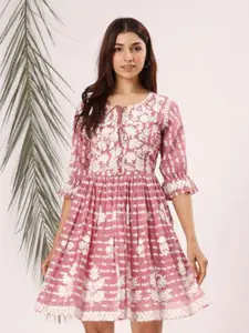 Ittarr Floral Embroidered Tie-Up Neck Puff Sleeve Fit & Flare Cotton Dress