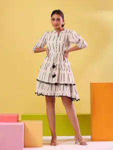 Ittarr  Geometric Printed Mandarin Collar Puff Sleeve Layered Fit & Flare Cotton Dress