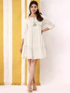 Ittarr Embroidered Tie-Up Neck Empire Cotton Dress