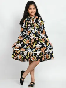 Bella Moda Girl Floral Printed Mandarin Collar Cotton Fit & Flare Dress