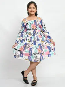 Bella Moda Girls Graphic Printed Pleated Cold-Shoulder Cotton Fit And Flare Dress