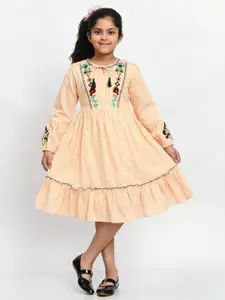 Bella Moda Girls Embroidered Tie-Up Neck Puff Sleeves Fit & Flare Dress