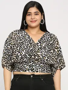 Style Quotient Beige Animal Print Extended Sleeves Crepe Wrap Crop Top