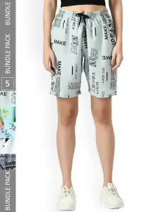IndiWeaves Women Pack Of 5 Typography Printed High-Rise Shorts