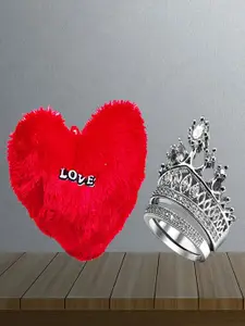 UNIVERSITY TRENDZ Silver-Plated Crystal Crown-Shaped Finger Ring With Heart-Shaped Pillow