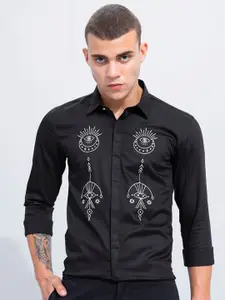 Snitch Black Floral Embroidered Slim Fit Comfort Cotton Casual Shirt
