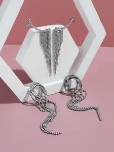 SOHI Set Of 2 Silver-Toned Contemporary Stone Studded Drop Earrings