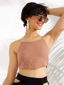 KASSUALLY Peach Self Design Smocking Fitted Crop Top