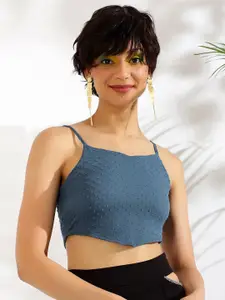 KASSUALLY Blue Self Design Smocking Fitted Crop Top
