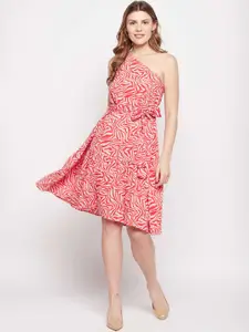 Fashfun Abstract Printed One Shoulder Belted Fit & Flare Dress