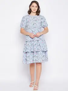 Fashfun Floral Printed Puff Sleeves Layered Fit and Flare Dress