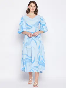 Fashfun Abstract Printed Puff Sleeves Cut-Outs Fit & Flare Midi Dress