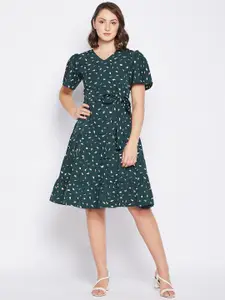 Fashfun Abstract Printed Puff Sleeves Tiered Fit & Flare Dress