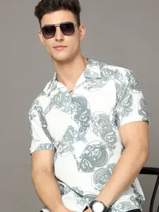 HERE&NOW White & Grey Ethnic Motifs Printed Casual Shirt