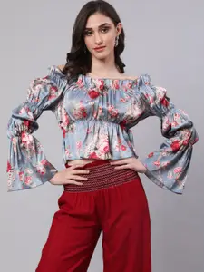 AKIMIA Floral Printed Off-Shoulder Puff Sleeves Satin Crop Top
