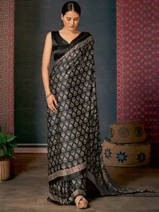 Saree mall Black & Off White modal Ajrak Printed Block Print SareeWith Blouse Piece