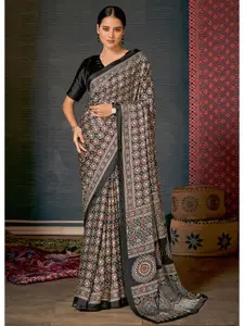 Saree mall Black Off White modal Ajrak Printed Poly Crepe Block Print SareeWith Blouse Piece