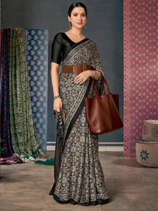 Saree mall Black & Orange Ethnic Motifs Block Printed Sarees