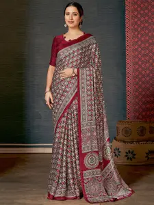 Saree mall Maroon & White modal Ajrak Block Printed SareesWith Blouse Piece
