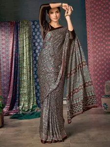 Saree mall Brown & Blue Ethnic Motifs Printed Pure Crepe Block Print Saree
