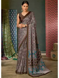 Saree mall Brown & Teal modal Ajrak Poly Crepe Block Print SareesWith Blouse Piece