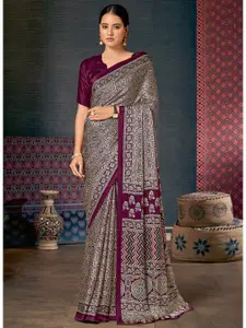 Saree mall Purple & White modal Ajrak Block Print Poly Crepe SareesWith Blouse Piece