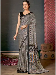 Saree mall Grey & Black modal Ajrak Block Printed SareesWith Blouse Piece