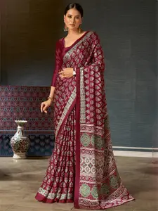 Saree mall Magenta modal Ajrak Block Printed Poly Crepe SareeWith Blouse Piece