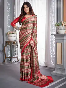 Saree mall Olive Green Red Checked Poly Crepe Saree