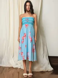 RAREISM Floral Printed Fit & Flare Smocked Cotton Midi Dress