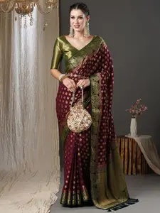 Anouk Burgundy & Green Ethnic Motifs Woven Design Zari Pure Georgette Kanjeevaram Saree
